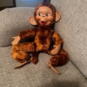 Rare, vintage stuffed plush monkey with Rubber Face, Ears Hands and Feet.
